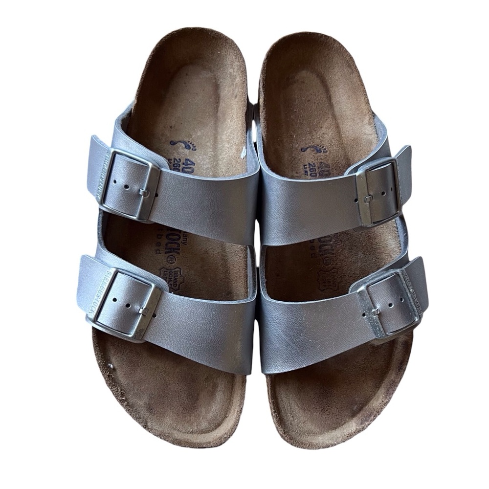 Birkenstock Size 40 Silver Arizona Sandal Leather Casual Metallic Classic